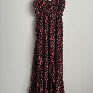 Stradivarius Black and Pink Floral Maxi Asymmetrical Dress